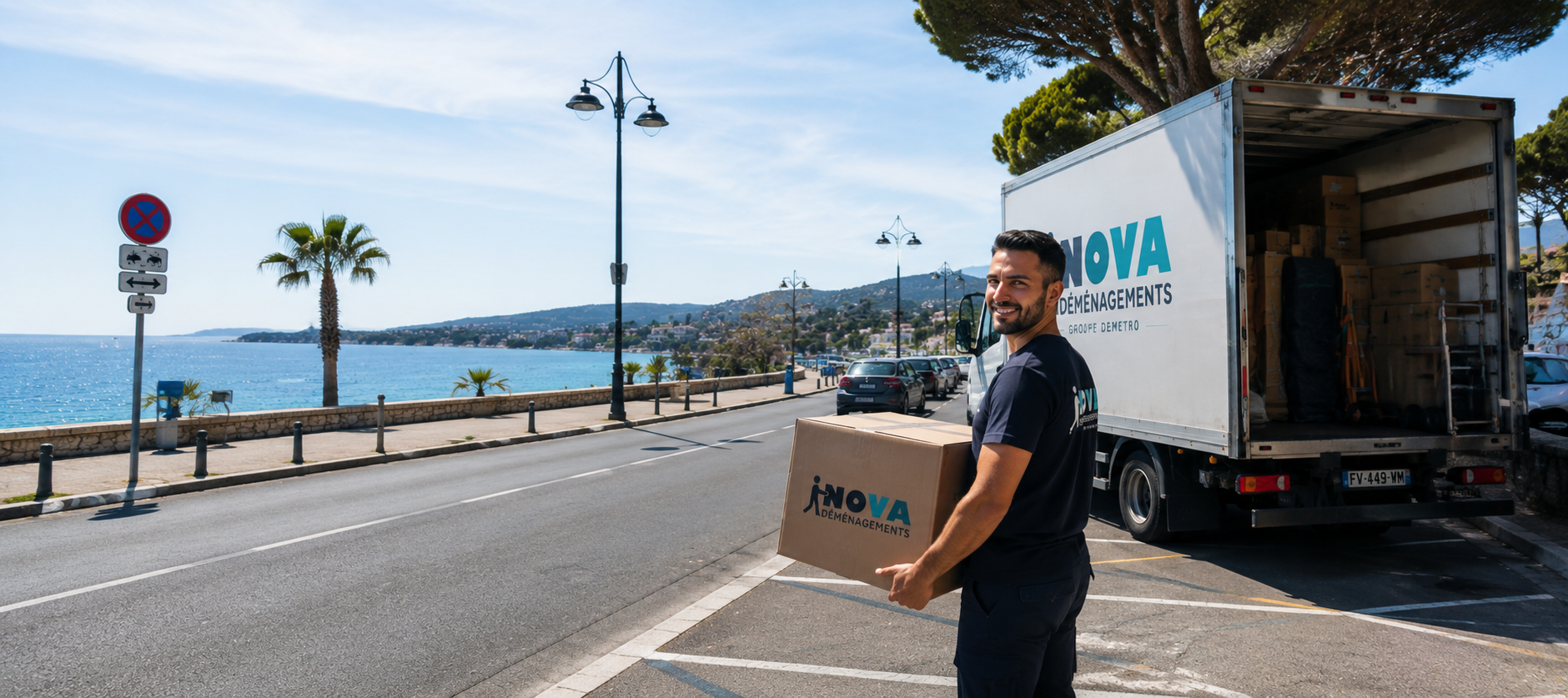 Camion Nova Déménagements sur une route du littoral méditerranéen
